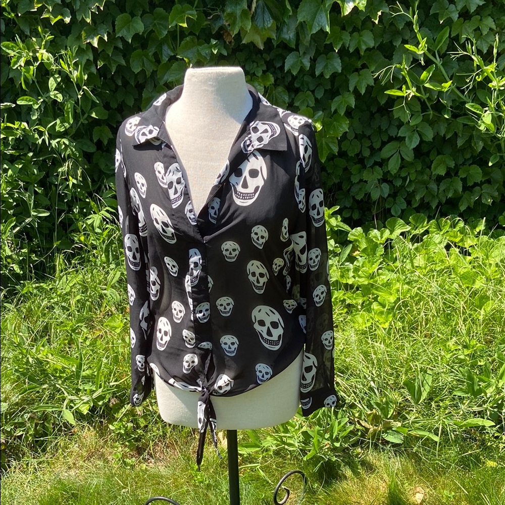 Black Skull Print Sheer Blouse